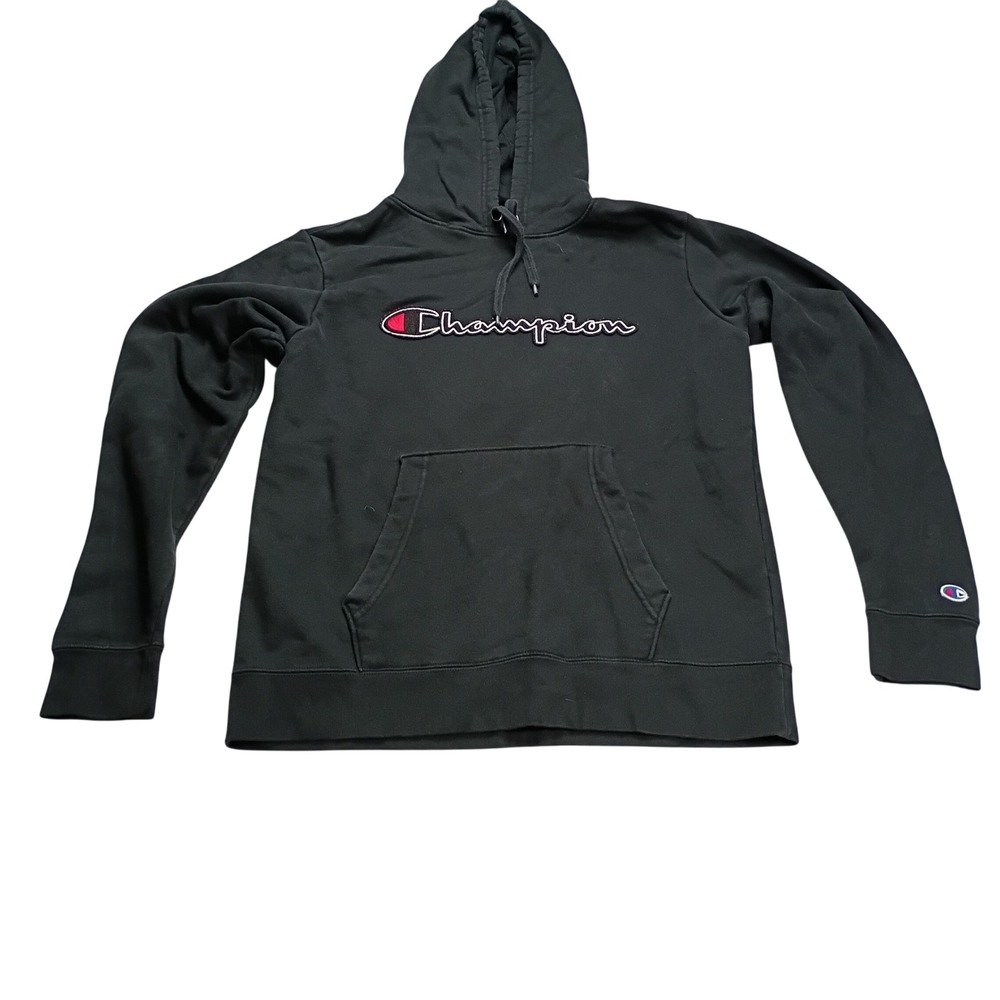 Champion Hoodie Mens Medium Black Good Script Logo Pullover Fleece S0889‎
